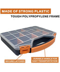 Front view of 18 Compartments Hardware Gear Organizer Box With Removable Dividers And Accessible Hinged Lid