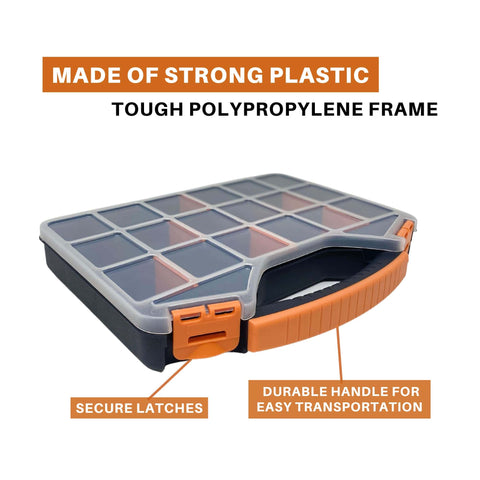 Front view of 18 Compartments Hardware Gear Organizer Box With Removable Dividers And Accessible Hinged Lid