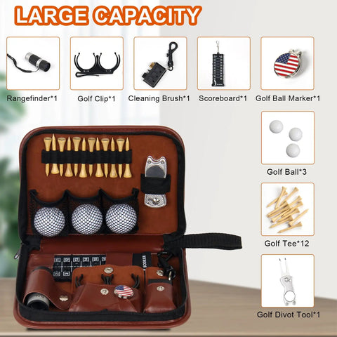 All In One Golf Gear Set With Leather Case Rangefinder Balls Tees Brushes Ball Markers Clips Divot Tool And Scoreboard