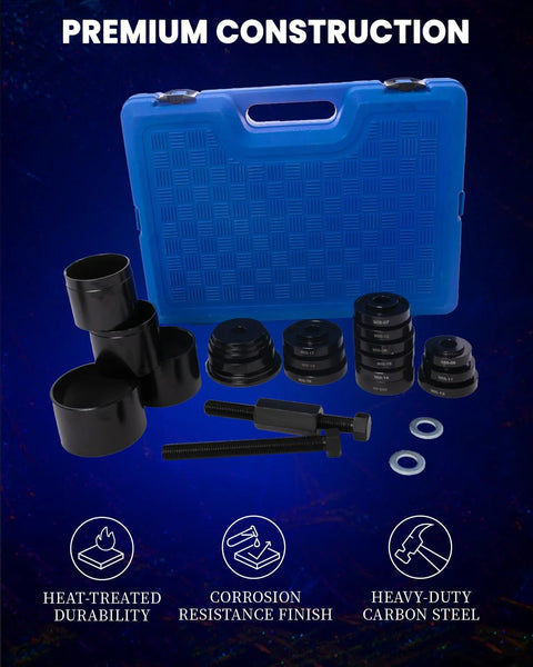 24 Piece Wheel Bearing Press Kit for Easy Front Wheel Bearing Removal and Installation includes sleeves, bushings, and carrying case.