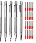 Heavy Duty Tungsten Carbide Scribe Kit With Magnetic Bottom And Extra Refills For Steel Glass Leather And Wood Drafting Tasks Zero Sharpening Headaches with five silver pens and twenty red tips