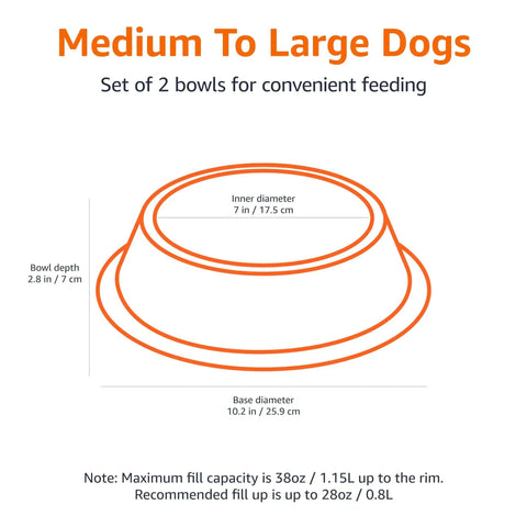Diagram showing dimensions of Stainless Steel Non Skid Dog Food And Water Bowls Set Of 2 For Pups, 38 ounce capacity, for medium to large dogs