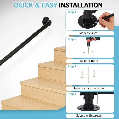 Installation guide for Built Like A Tank 3Ft Metal Industrial Stair Railing, showcasing steps for securing handrail to stairs.
