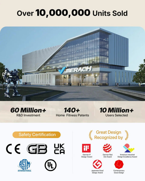 Exterior of the Merach headquarters showcasing technology, design awards, and fitness achievements.