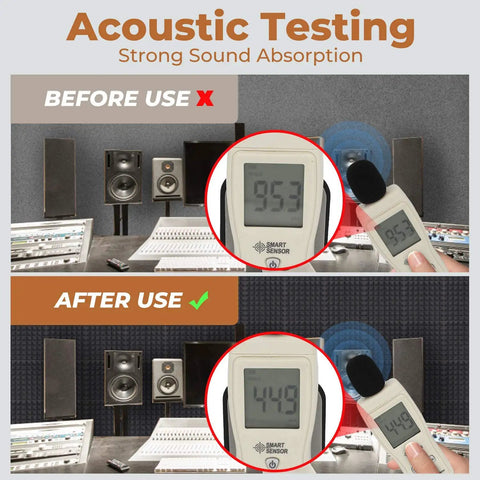 Acoustic testing showing sound reduction with 24 Pack Black Pyramid Acoustic Foam Panels 12 X 12 X 2 Inches High Density Soundproof Panels