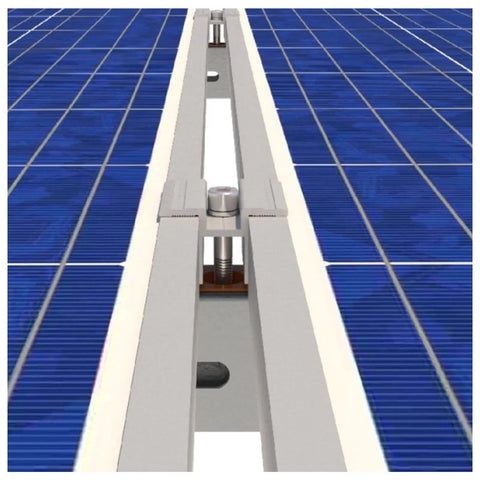 Close-up of solar panels mounted with Bulk 42 Pack Aluminum Solar Panel Mid Clamps For Mounting On Tin Roof Flat Roof And Sheet Roofs Silver Finish Heavy Duty Brackets Kit For Easy Solar Panel Installation.