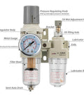 Air Pressure Regulator With Gauge For Your Air Compressor 0 To 150 PSI Water Separator Semi Auto Drain 1 4 NPT Threaded Interface Workhorse Build Easy Install with metal gauge and semi-auto drain visible