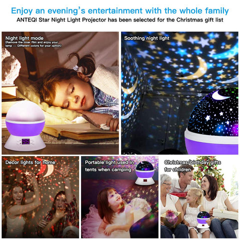 Collage of Star Projector Night Light for Kids with 17 Projection Modes and Timer showing various uses and settings.