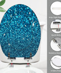 Elongated Toilet Seat Blue Glitter Resin for Bathroom with grip-tight bumpers and stainless steel hinges.