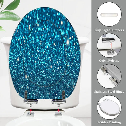 Elongated Toilet Seat Blue Glitter Resin for Bathroom with grip-tight bumpers and stainless steel hinges.