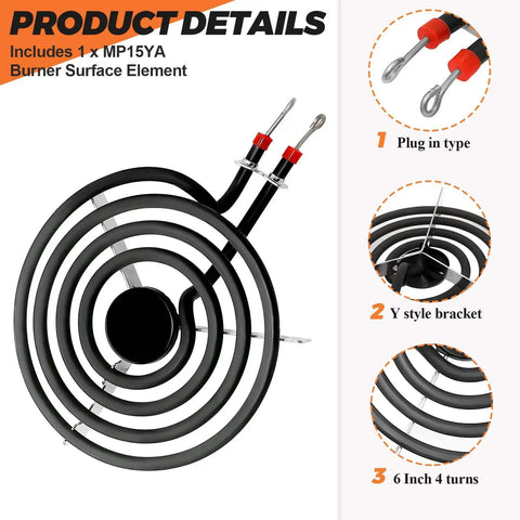 Upgraded Pro Grade 6 Inch 1500W Electric Range Burner Element Ni80Cr20 Four Coil 230V Replacement Surface Element shown in parts