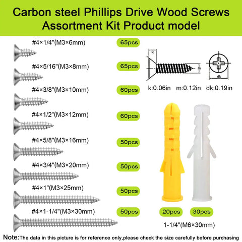 Size 4 Wood Screws Assortment Kit 500 Piece Flat Head 304 Stainless Steel Fasteners For Woodworking And Home Projects, carbon steel screws variety.