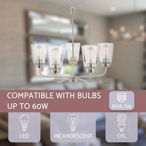 Amara 23 Inch Modern 5 Light Chandelier With Clear Glass Shades Brushed Nickel Finish Adjustable Chain Bright Chic Contemporary Ceiling Fixture For Living Room Or Dining Area