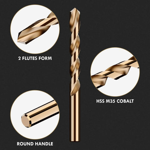 Pro Grade Cobalt Drill Bit Set 29 Pcs M35 High Speed Steel Bits For Hardened Metals close-up showing flutes and handle