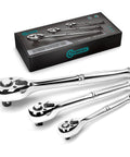 3 Piece Ratchet Set With 1/4 3/8 And 1/2 Inch Drive Ratchets 72 Tooth Quick Release Reversible Socket Wrench CR V Handle Teardrop Head EVA Storage Case