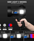 Rechargeable Spotlight With 2,000,000 Lumens handheld flashlight in hand, showing side light modes and charging options.