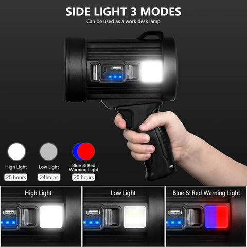 Rechargeable Spotlight With 2,000,000 Lumens handheld flashlight in hand, showing side light modes and charging options.