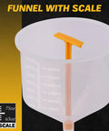 Clear funnel with scale marked in ounces and milliliters, part of the Shop Grade No Drip Coolant Funnel Kit.