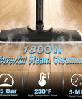 Get Rid Of Grime Fast With This Heavy Duty 1800W Steam Mop And Multipurpose Cleaner on hardwood, emitting steam.