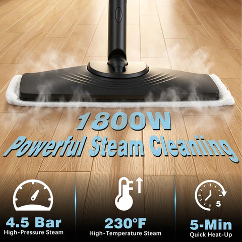 Get Rid Of Grime Fast With This Heavy Duty 1800W Steam Mop And Multipurpose Cleaner on hardwood, emitting steam.