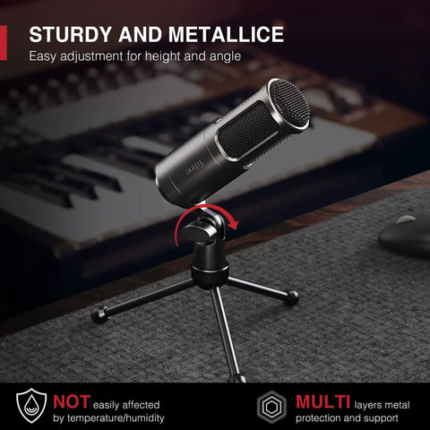 XLR Dynamic Microphone With Cardioid Pattern For Studio Audio on a tripod stand against a recording setup backdrop.