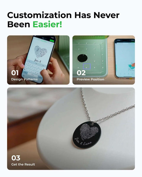 xTool F1 Lite laser engraver collage: phone design, bed preview, and black fingerprint pendant necklace.