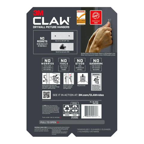 Back of Claw Drywall Picture Hanger Variety Pack With 15, 25, And 45 Lb Hangers And Spot Markers, instructions visible