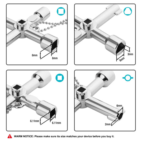 Four Way Sillcock Key With Bit Multi Functional Water Key Cross Key 1 Pack For Valve Faucet And Spigots with size details