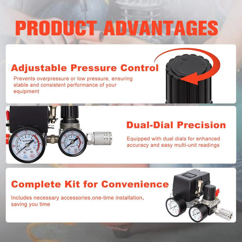 Pressure Switch Kit For Air Compressors With Four Port Gauge Auto On At Ninety Five PSI And Auto Off At One Hundred Twenty Five PSI Easy Read Gauge Quick Install One Quarter Inch NPT Thread Ideal For Home Shop DIYers with dual dials displayed