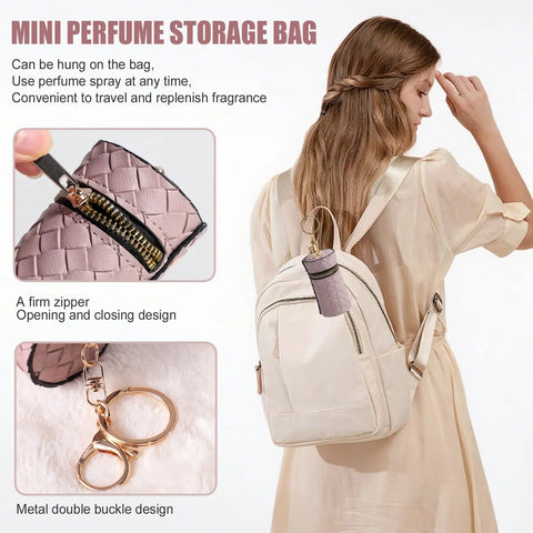 Woman with backpack holding Super Portable Mini Refillable Perfume Atomizer Bottles Set - 5 Pack Of Travel Size 5ml Spray Options, close-up.