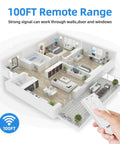 Diagram showing 100 ft range of Three Outlet Indoor Remote Control Plug With Wireless Light Switches 100 Foot Range 15A 1875W ETL Listed