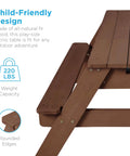Kid Friendly Picnic Table With Umbrella And 3 In 1 Sand And Water Table For Toddlers, wooden walnut design close-up view