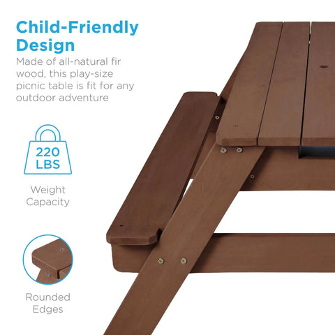 Kid Friendly Picnic Table With Umbrella And 3 In 1 Sand And Water Table For Toddlers, wooden walnut design close-up view