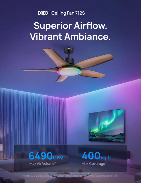 Straight Premium 52 Inch Smart Rgbic Ceiling Fan With Totally Lit Dimmable Lights And App Control For A Super Chill Lounge In Any Living Room Or Game Den, featuring vibrant RGBIC lighting and wood blades.
