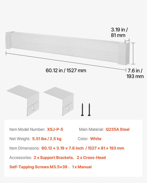 5 Ft Baseboard Heater Cover, Heavy Duty Steel Front Panel, Easy Installation, White Finish, Dimensions and Accessories Shown