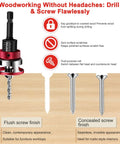 7 Piece Countersink Drill Bit Set With Aluminum Stop Collar And Bearing shown with flush screw and concealed screw finishes for woodworking.