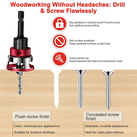 7 Piece Countersink Drill Bit Set With Aluminum Stop Collar And Bearing shown with flush screw and concealed screw finishes for woodworking.