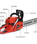 Durable Beast 58CC Gas Chainsaw With 20 Inch Bar Powerhouse 3.8 HP Two Stroke Petrol Saw labeled parts