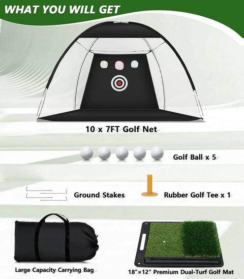 Indoor And Outdoor Golf Hitting Practice Net 10x7ft With Heavy Duty Base And Dual Turf Mat, image of included accessories.