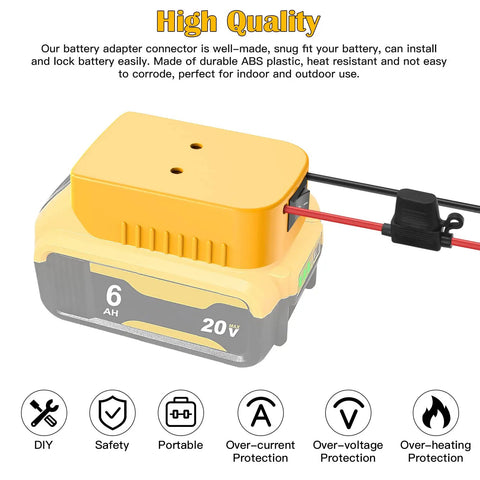 Close-up of Dewalt 20V Battery Adapter For Power Wheels DIY Conversion Kit with switch and wire terminals on battery