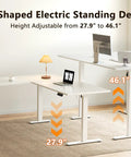 63 Inch Sit To Stand Electric L Shaped Desk With Height Adjustment Range 27.9 To 46.1 Inches, Reversible Corner Setup.