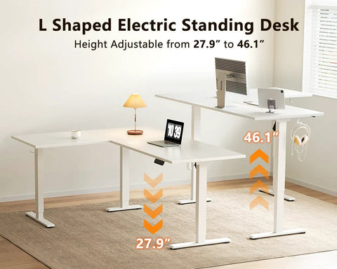 63 Inch Sit To Stand Electric L Shaped Desk With Height Adjustment Range 27.9 To 46.1 Inches, Reversible Corner Setup.