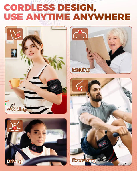 People using the Red Light Therapy Belt For Neck And Shoulders That Also Treats The Rest Of Your Body All Day Cordless Infrared Heating Pad With Vibration in different scenarios like working, resting, driving, and exercising.