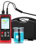 Water PH Meter With Real Time PH Temperature And Voltage Readings And Calibration Digital PH Tester next to black case and beaker