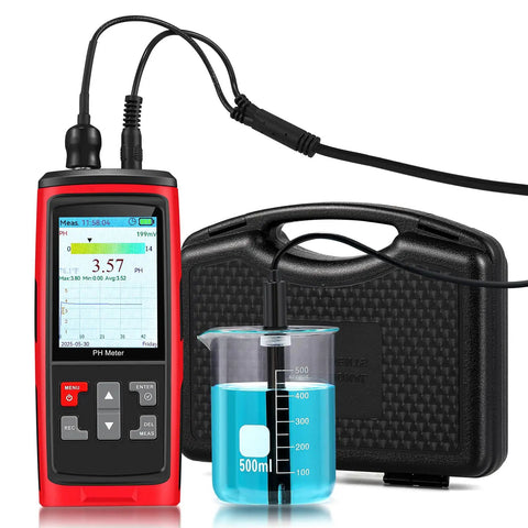 Water PH Meter With Real Time PH Temperature And Voltage Readings And Calibration Digital PH Tester next to black case and beaker