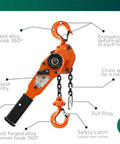 360 Degree Lever Hoist Heavy Duty Manual Ratchet Chain Puller With 1100 Pounds Capacity 5 Ft Lift Chain showing key features