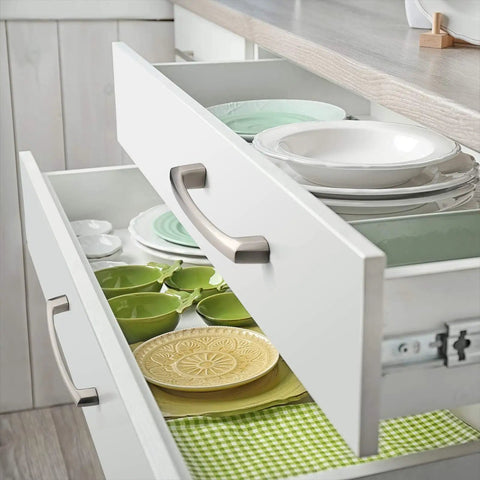 Heavy Duty Zinc Alloy Cabinet Pulls With Slick Brushed Satin Nickel Finish, 6 Inch Center To Center Drawer Handles For Kitchen Cabinets, Tough As Nails 10 Pack Home Glow Up Set on a drawer with plates inside.
