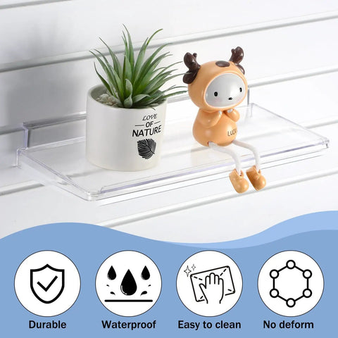 Four Pack Slatwall Shelves 14.5 By 5.9 Inches Dope Durable Plastic Floating Wall Mount Shelves with plant and figurine displayed