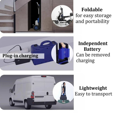 Heavy Duty Electric Stair Climbing Dolly With 551 Lb Load Capacity For Super Smooth Lifting Easy Moving And Heavy Delivery Tasks To Save Your Back And Crush Warehouse Or Upstairs Moves Without The Grind, showing foldable design for storage.