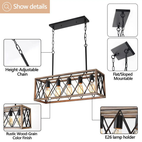 Farmhouse Rustic 5 Light Pendant Chandelier With Adjustable Height Chains Dope Wood Grain Finish for dining room, flat mount